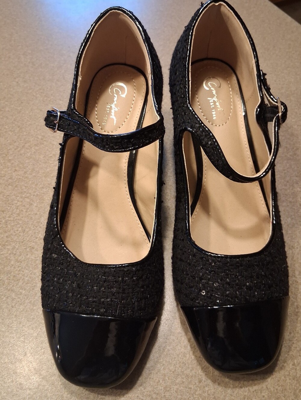 COMFORT BRAND Black Mary Jane Heels with Patent Cap Toe - Picture 1 of 13